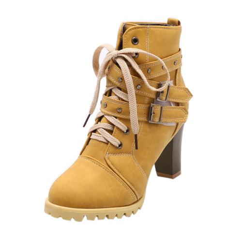 Women Belt Buckle Rivet High Thick With Short Boots Shoes Leisure Ankle Boots